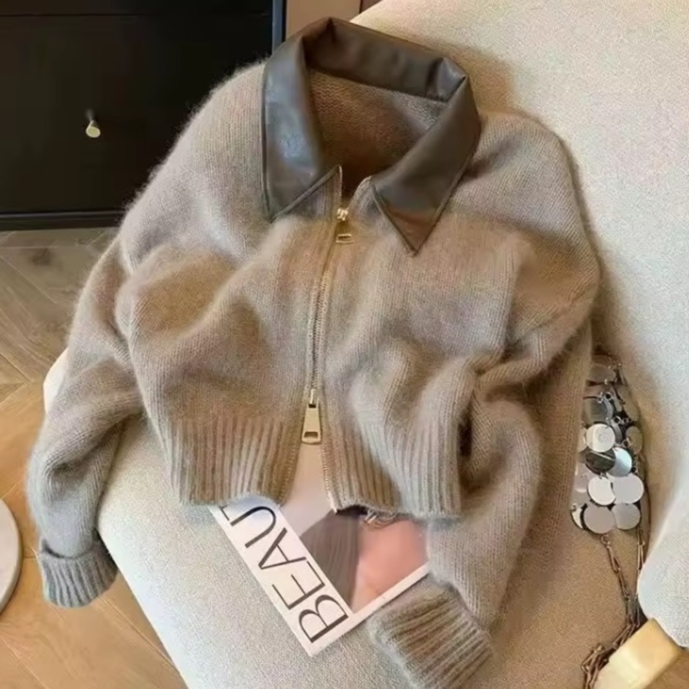 New Women's Beige Jacket with Leather Collar double zipper cardigan - Picture 3 of 3